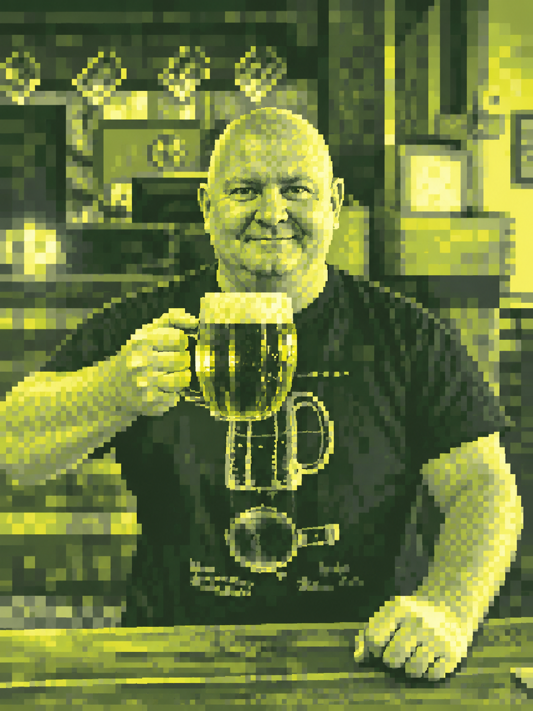 Pixel-art portrait in lime, yellow and grey