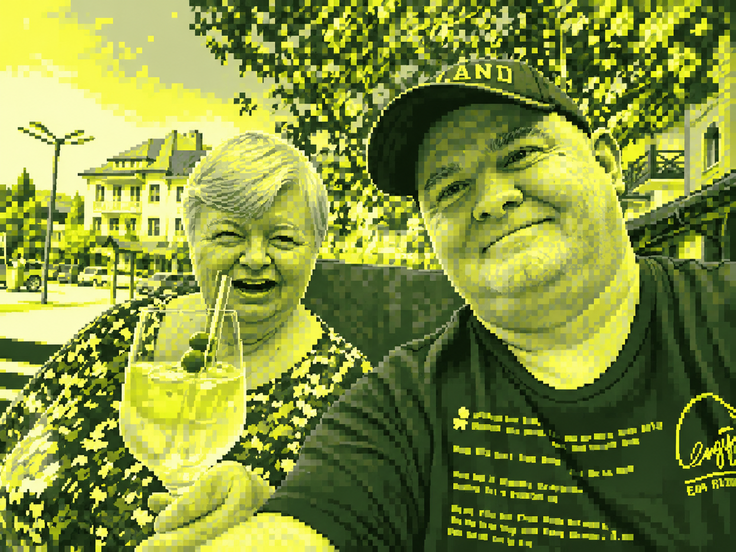 Pixel-art portrait in lime, yellow and grey