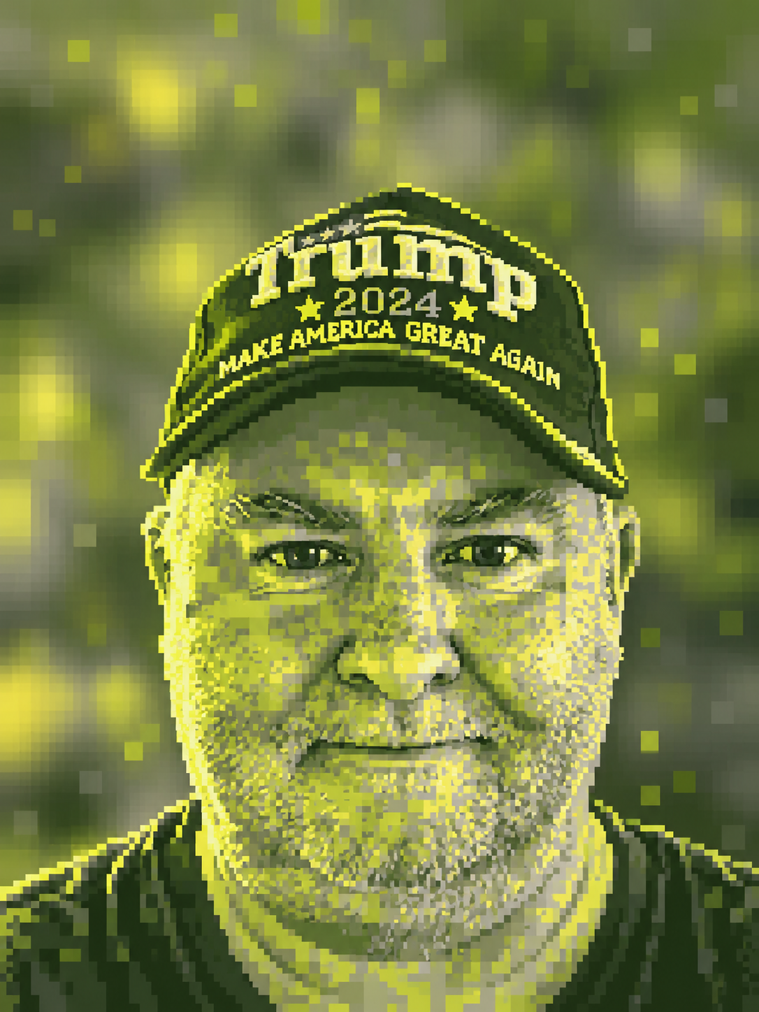 Pixel-art portrait in lime, yellow and grey